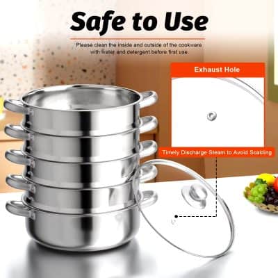 Stainless steel steamer set for kitchen, commercial cookware, and steaming food appliances.