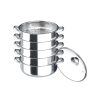 Stainless steel food steamer set for healthy cooking, includes multiple stackable steaming baskets and a glass lid, designed for kitchen use and perfect for healthy meal preparation.