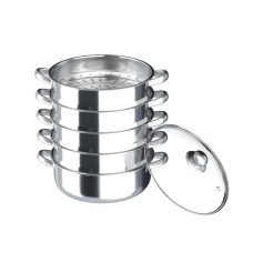 Stainless steel food steamer set for healthy cooking, includes multiple stackable steaming baskets and a glass lid, designed for kitchen use and perfect for healthy meal preparation.