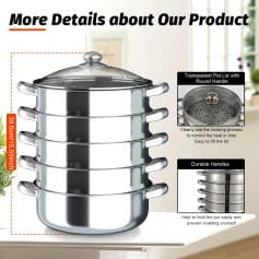 Stainless steel multi-layer steamer pot set with transparent lid and durable handles, ideal for healthy cooking and food preparation in the kitchen.