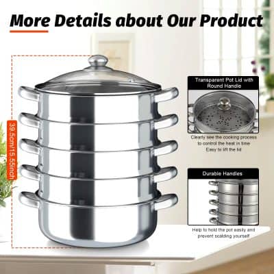 Stainless steel multi-layer steamer pot set with transparent lid and durable handles, ideal for healthy cooking and food preparation in the kitchen.