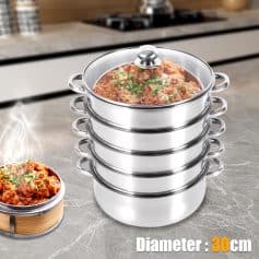 Stainless steel steaming food rack set with 30cm diameter for professional or home use, ideal for steaming vegetables, dumplings, and more.
