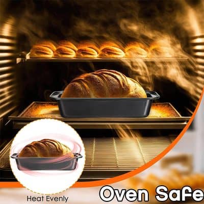 Golden brown bread baking in an oven, with a focus on heat distribution and safety features for baking. Ideal for bakery and kitchen settings, ensuring even cooking and oven safety.