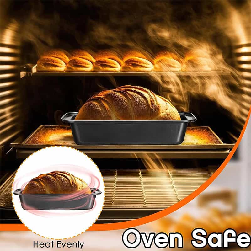 Golden brown bread baking in an oven, with a focus on heat distribution and safety features for baking. Ideal for bakery and kitchen settings, ensuring even cooking and oven safety.