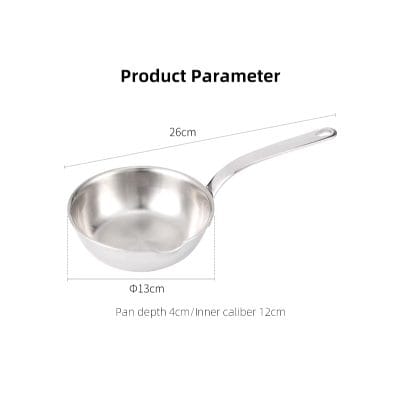 Stainless steel frying pan with 26cm length and 13cm diameter, perfect for cooking and food preparation.