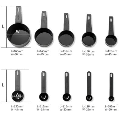 Black cooking measuring spoons set with various sizes, ideal for kitchen accuracy and food prep, featuring sizes from 105mm to 160mm length, perfect for recipes and culinary use.