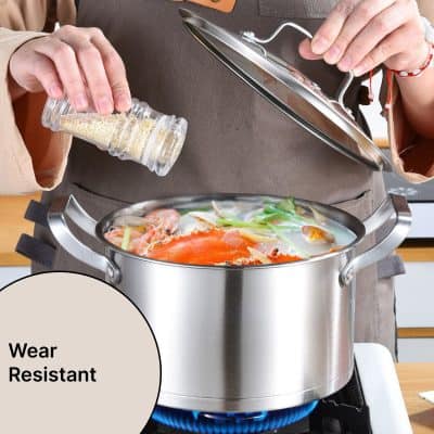 Durable stainless steel cooking pot ideal for soups and stews, wear resistant cookware for professional kitchens and home use.