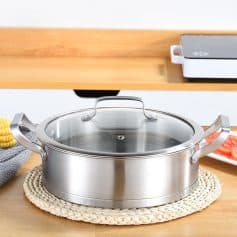 Stainless steel electric hot pot with glass lid, ideal for cooking or heating meals at home or in the office, featured at Monalisa Medical Store.