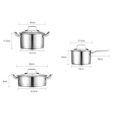 Stainless steel cookware set with measuring dimensions, perfect for home kitchens and professional culinary use, durable and easy to clean.
