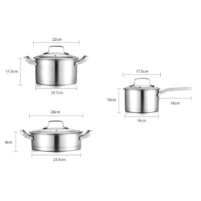Stainless steel cookware set with measuring dimensions, perfect for home kitchens and professional culinary use, durable and easy to clean.
