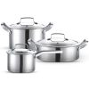 Stainless steel cookware set with pots and pans, professional kitchen utensils for cooking and food preparation.