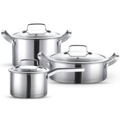 Stainless steel cookware set with pots and pans, professional kitchen utensils for cooking and food preparation.
