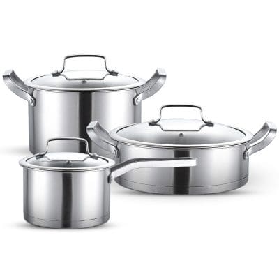 Stainless steel cookware set with pots and pans, professional kitchen utensils for cooking and food preparation.