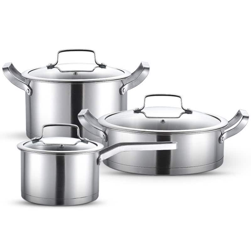 Stainless steel cookware set with pots and pans, professional kitchen utensils for cooking and food preparation.