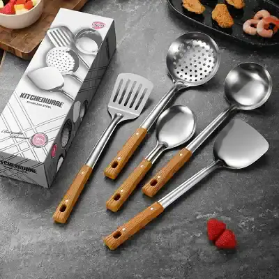 Stainless steel kitchen utensils set with wooden handles, including ladles, slotted spatula, and serving spoons, ideal for cooking and serving food.
