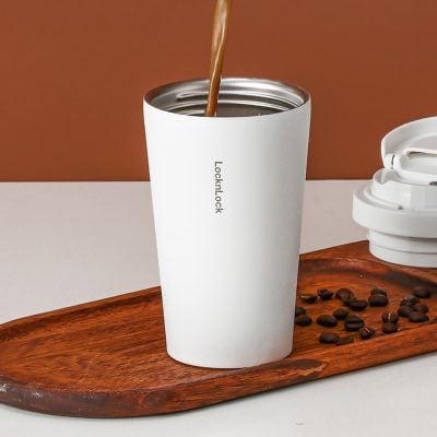 Reusable white insulated coffee tumbler with