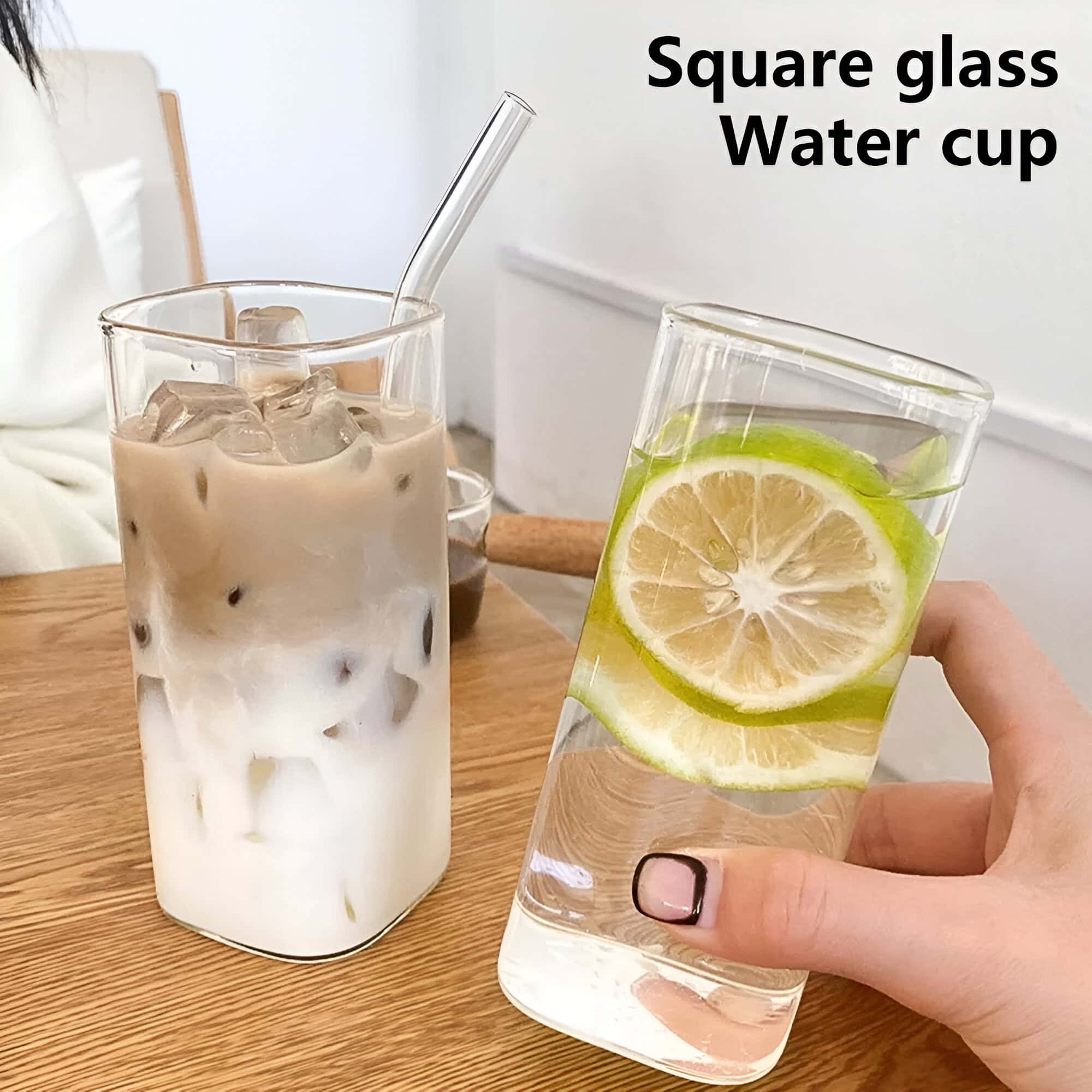 Refreshing cold beverages featuring square glass water cups and iced coffee, perfect for optical store display or promotional content. Suitable for optometry, eyewear, and optical shop marketing.