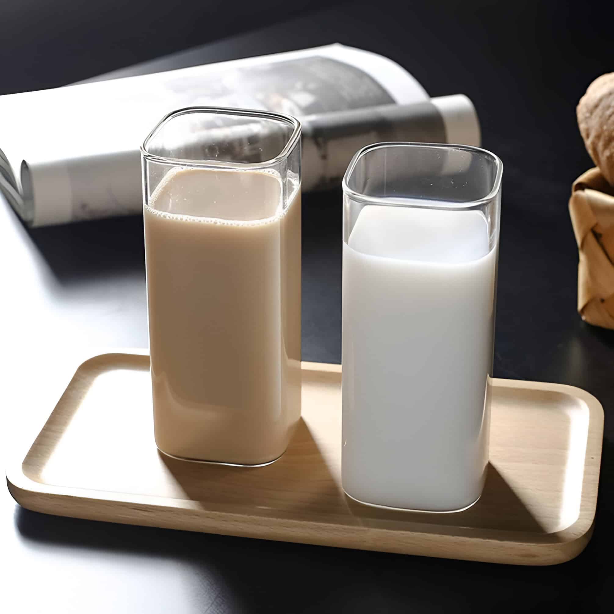 Creamy and plain milk in stylish square glass bottles on a wooden tray showcasing dairy beverages at Monalisa Store.