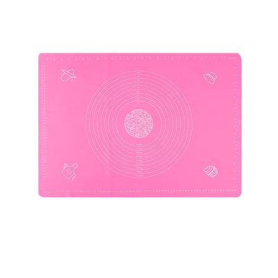Pink silicone baking mat with measurement guides and decorative pastry tools illustrations for kitchen baking accessories.