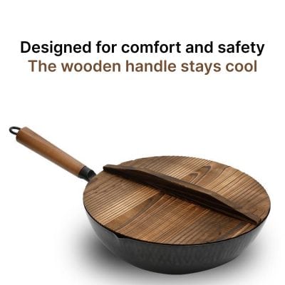 High-quality wooden handled pan for cooking, designed for safety and comfort, with a stay-cool wooden handle ideal for kitchen use.