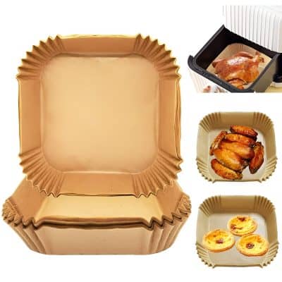 Gold paper food containers for takeout and food presentation.