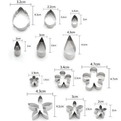 Stainless steel cookie cutters set with various flower and leaf shapes, perfect for baking, decorating cookies, and cake decorating. Durable, easy to use, and multi-sized for creative baking designs.