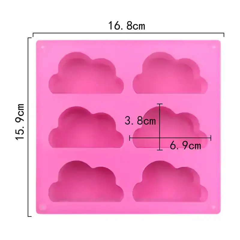 Cloud-shaped silicone mold for making cloud-shaped soaps, chocolates, or crafts, pink color, 16.8cm by 15.9cm size, versatile baking and crafting accessory, ideal for dessert and soap making, easy to use and clean.