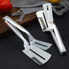 Stainless steel kitchen spatulas and tongs from Monalisa Store for cooking and grilling. High-quality, durable utensils ideal for professional and home kitchens.