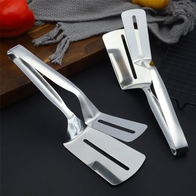 Stainless steel kitchen spatulas and tongs from Monalisa Store for cooking and grilling. High-quality, durable utensils ideal for professional and home kitchens.
