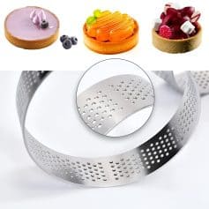 Metal pastry ring mold for baking desserts, perfect for creating elegant cheesecakes, tarts, and pastries with precision. Durable stainless steel construction ensures easy release and clean-up.