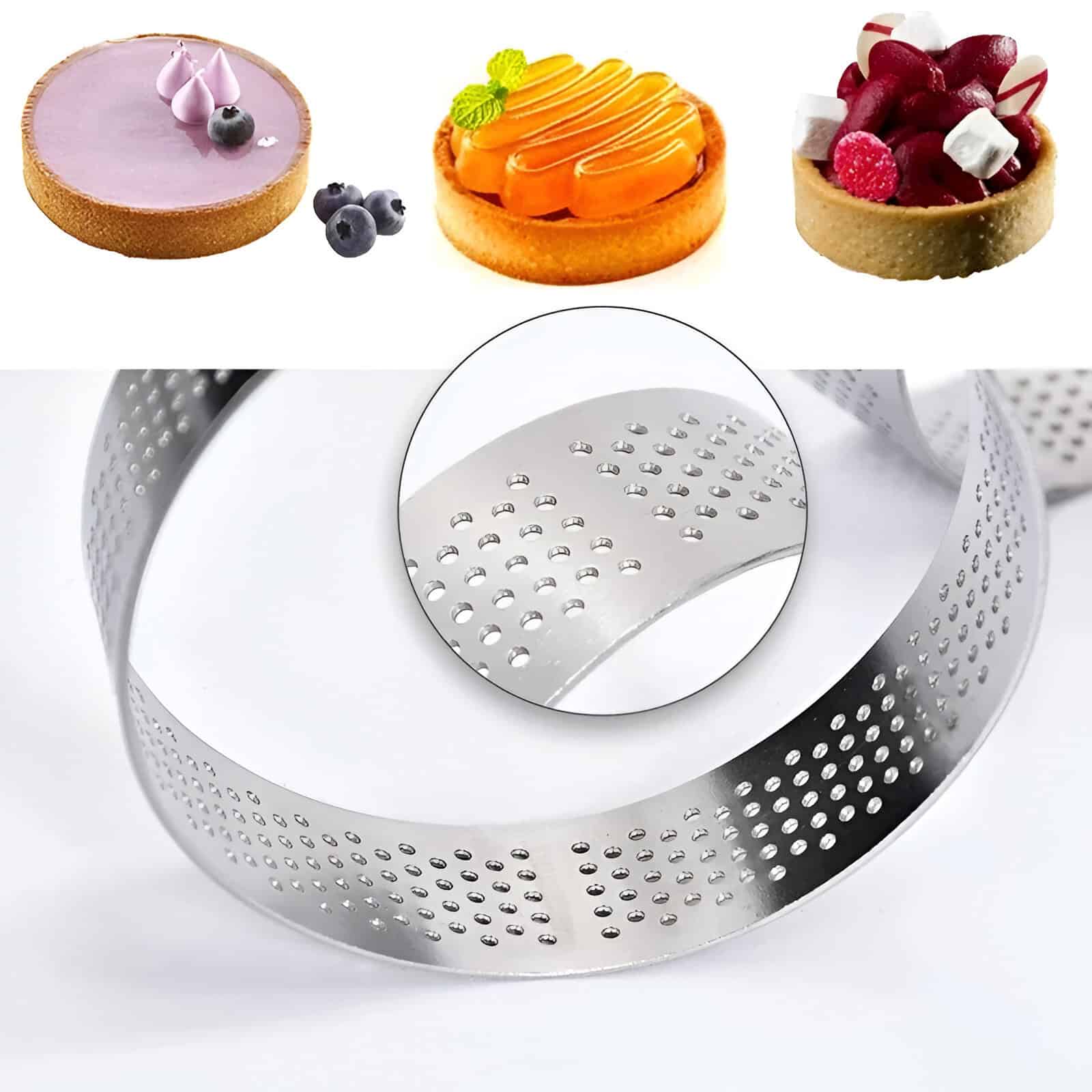 Metal pastry ring mold for baking desserts, perfect for creating elegant cheesecakes, tarts, and pastries with precision. Durable stainless steel construction ensures easy release and clean-up.