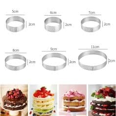 Stainless steel cake rings in various sizes, perfect for professional bakery and pastry decoration, including 5cm, 6cm, 7cm, 8cm, 9cm, and 11cm diameters for versatile cake shaping.