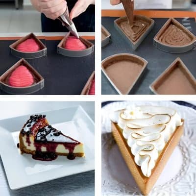 Cream-filled chocolate desserts with pink frosting, chocolate mousse, cheesecake with berry topping, and a cream-topped tart, showcasing Monalisa Store's selection of gourmet confections and desserts.