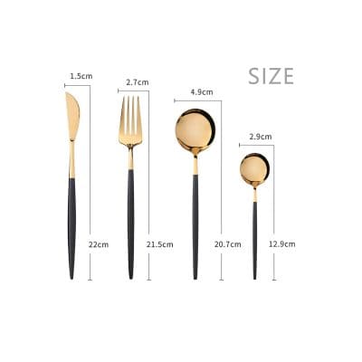 Luxurious gold and black 4-piece cutlery set with modern design, including a knife, fork, spoon, and dessert spoon, perfect for stylish dining and special occasions.