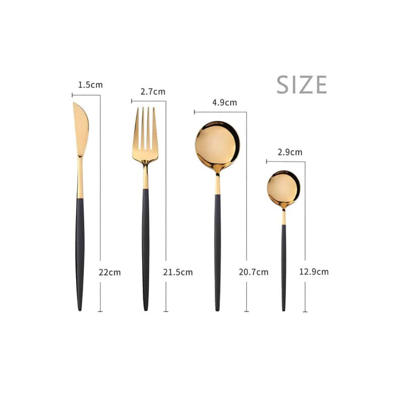 Luxurious gold and black 4-piece cutlery set with modern design, including a knife, fork, spoon, and dessert spoon, perfect for stylish dining and special occasions.