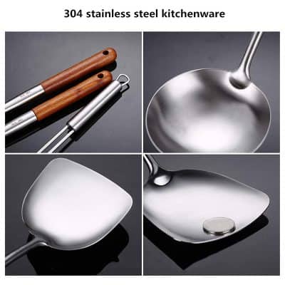 Stainless steel kitchenware set including ladles, spatulas, and pans for durable, high-quality cooking tools. Perfect for professional kitchens and home chefs seeking reliable stainless steel utensils.