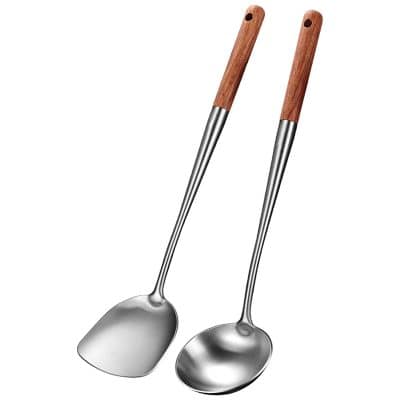 Stainless steel and wood handle ice cream scoop set for professional and home use, durable and ergonomic kitchen tools.