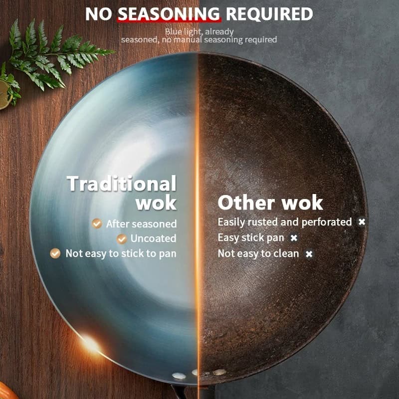 Traditional wok for cooking, unseasoned and not easy to stick, vs. rusted, perforated wok that is easier to clean and use; ideal for healthy, flavorful meals.