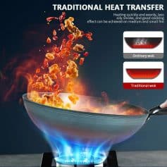 Frying food in a wok over an open flame with visual comparison of ordinary and traditional heat transfer methods for optimized cooking.