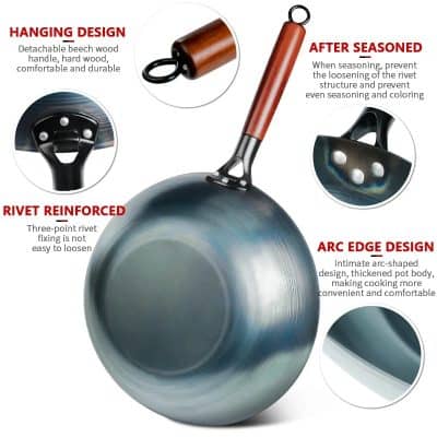 Durable stainless steel frying pan with rivet reinforced handle and arc edge design for even cooking and easy maneuvering.