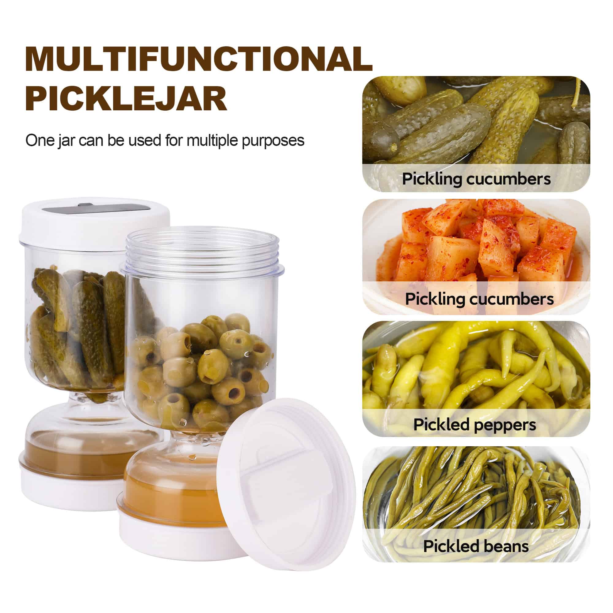 Bright multifunctional pickle jar with a transparent design, ideal for storing pickled cucumbers, peppers, and beans, perfect for kitchen organization and preservation.