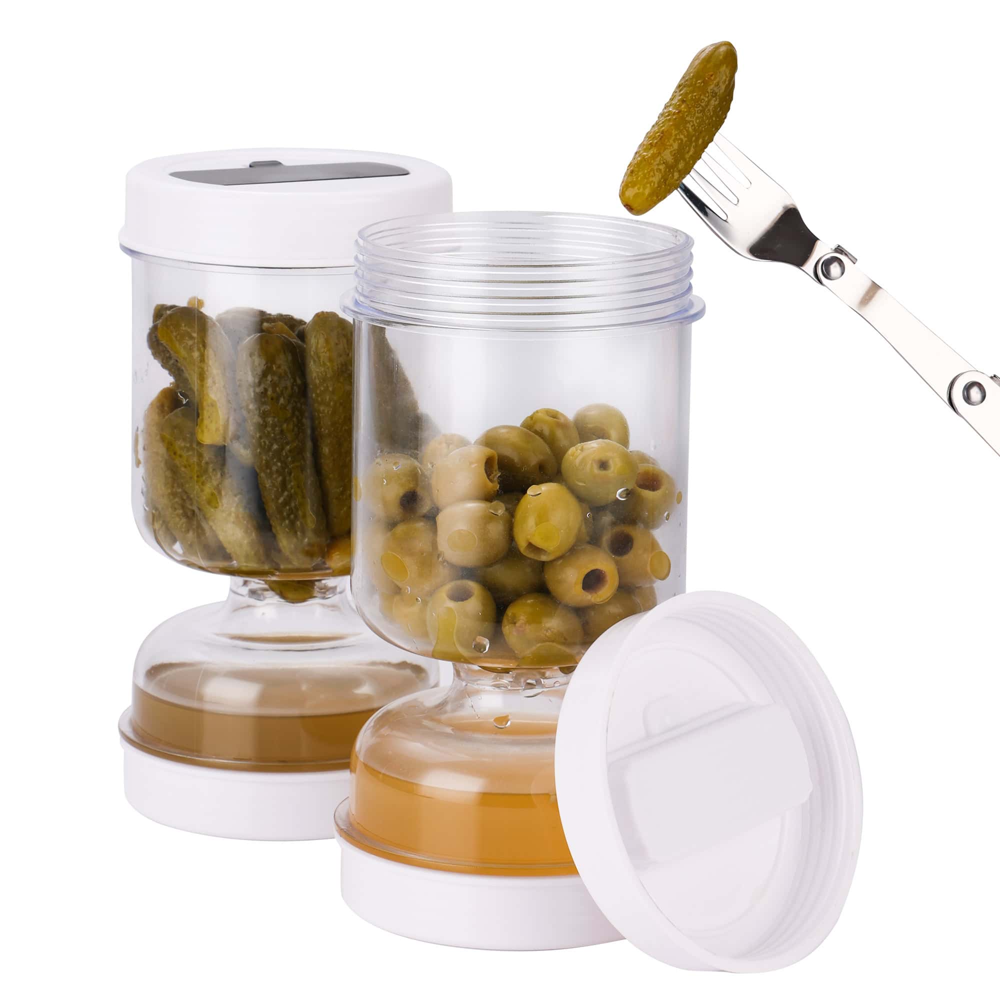 Canned pickles and green olives in glass jars with sealing lids, ideal for food storage and preservation at Monalisa Store.