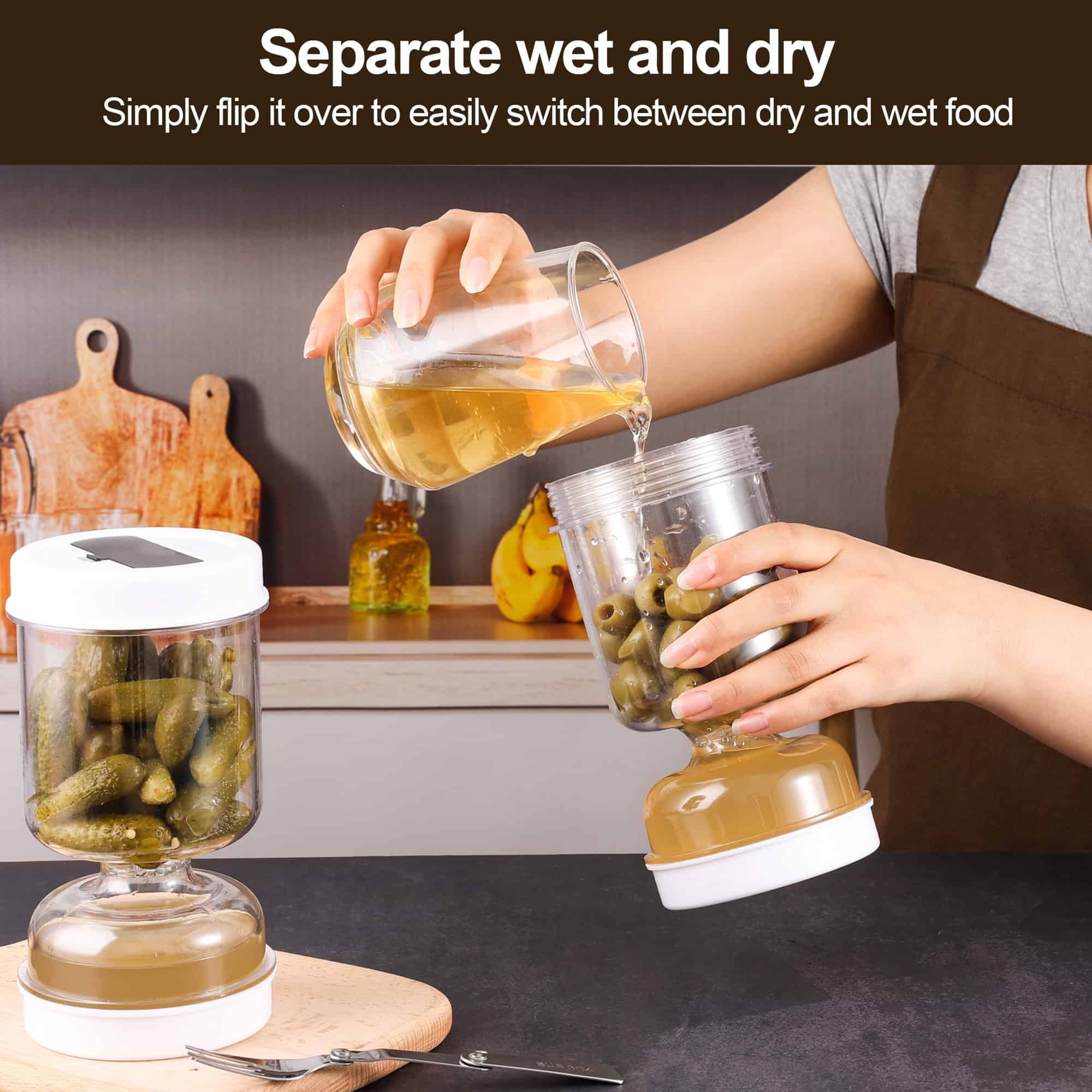 Flask-style food storage container for wet and dry foods used for meal prep or storage.