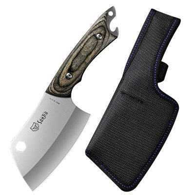 Stainless steel butcher knife with wooden handle and protective sheath for professional kitchen and culinary use.