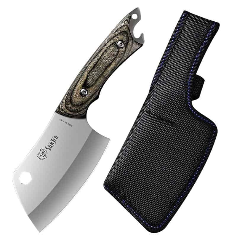 Stainless steel butcher knife with wooden handle and protective sheath for professional kitchen and culinary use.