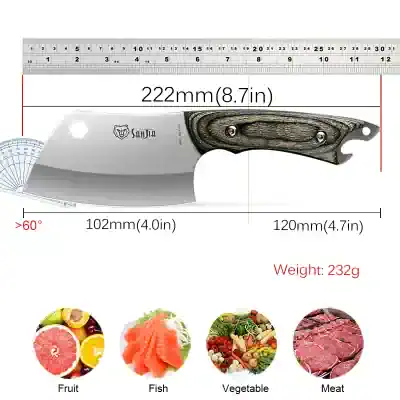 Stainless steel kitchen cleaver with wooden handle, 8.7-inch blade, perfect for chopping meat, vegetables, fish, and fruits, ideal for professional and home culinary use.