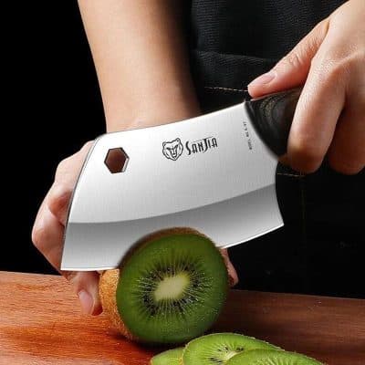 High-quality stainless steel kitchen knife with Sanja logo for professional chefs and home cooks.