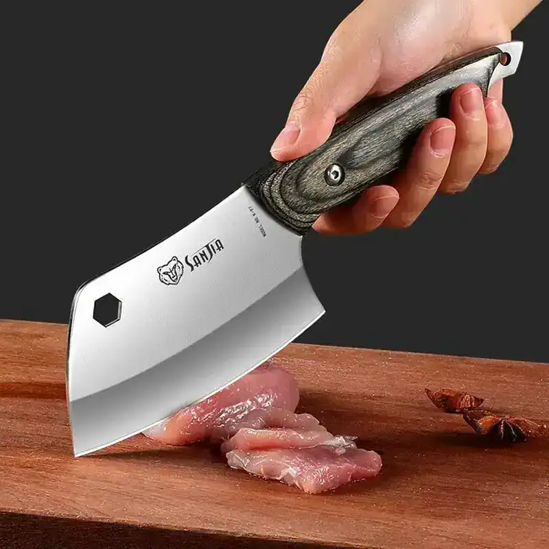 Stainless steel chef knife with a wooden handle, ideal for precise slicing of meat and kitchen prep, featured on Monalisa Store's premium culinary tool collection.