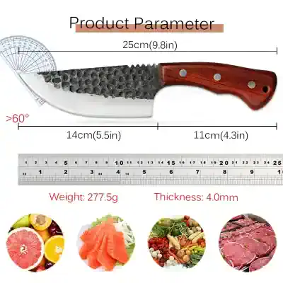 Carbon steel kitchen utility knife with wooden handle for food preparation and slicing.