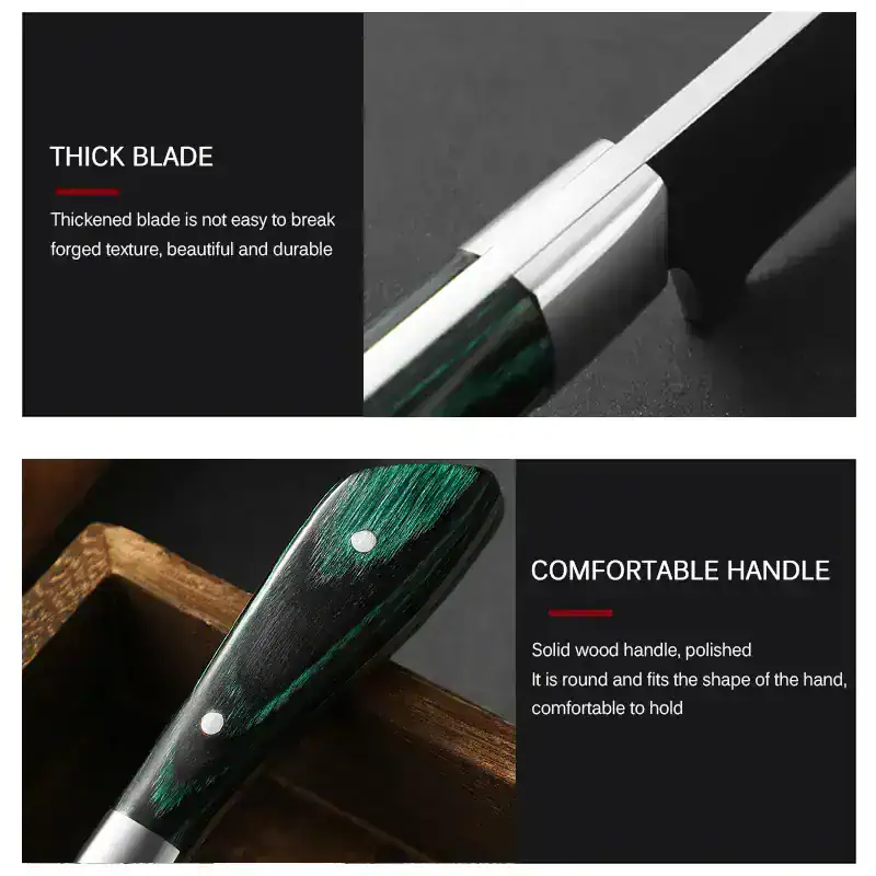 Thick stainless steel kitchen knife with durable blade and ergonomic wooden handle, perfect for professional and home cooking.